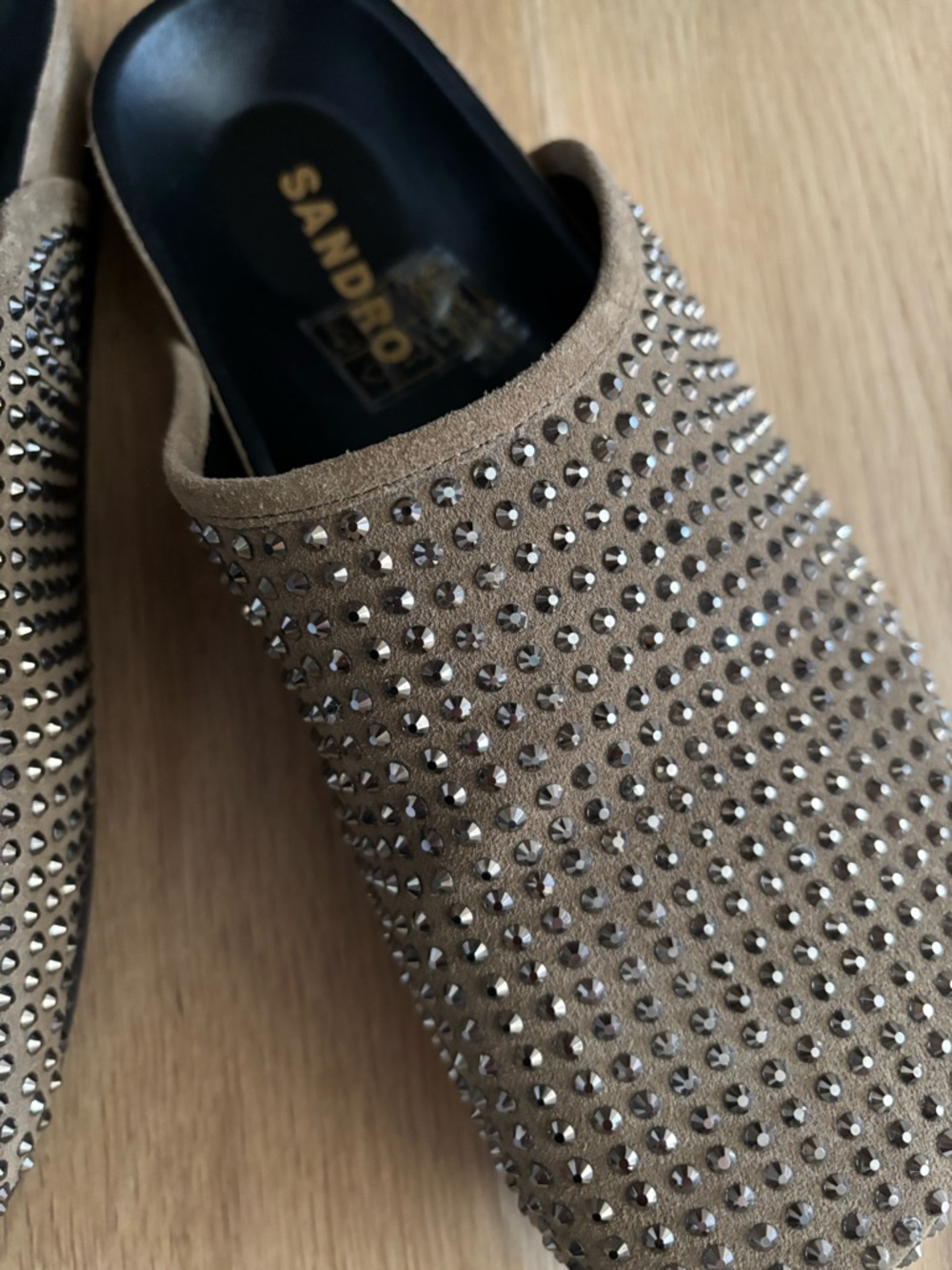 Sandro Taupe Suede Rhinestone Studded Slip-On Mules - Picture 2 of 4
